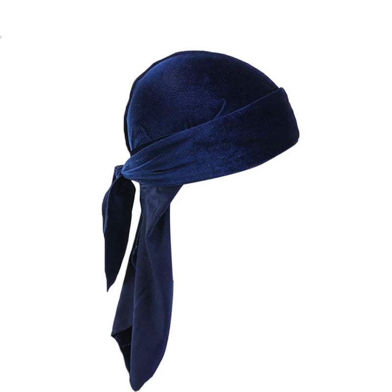 New Unisex Solid Color Soft Velvet Longtail Pirate Hat Breathable Bandana Durag Long Ribbon Cape Baotou Headband Du-Rag