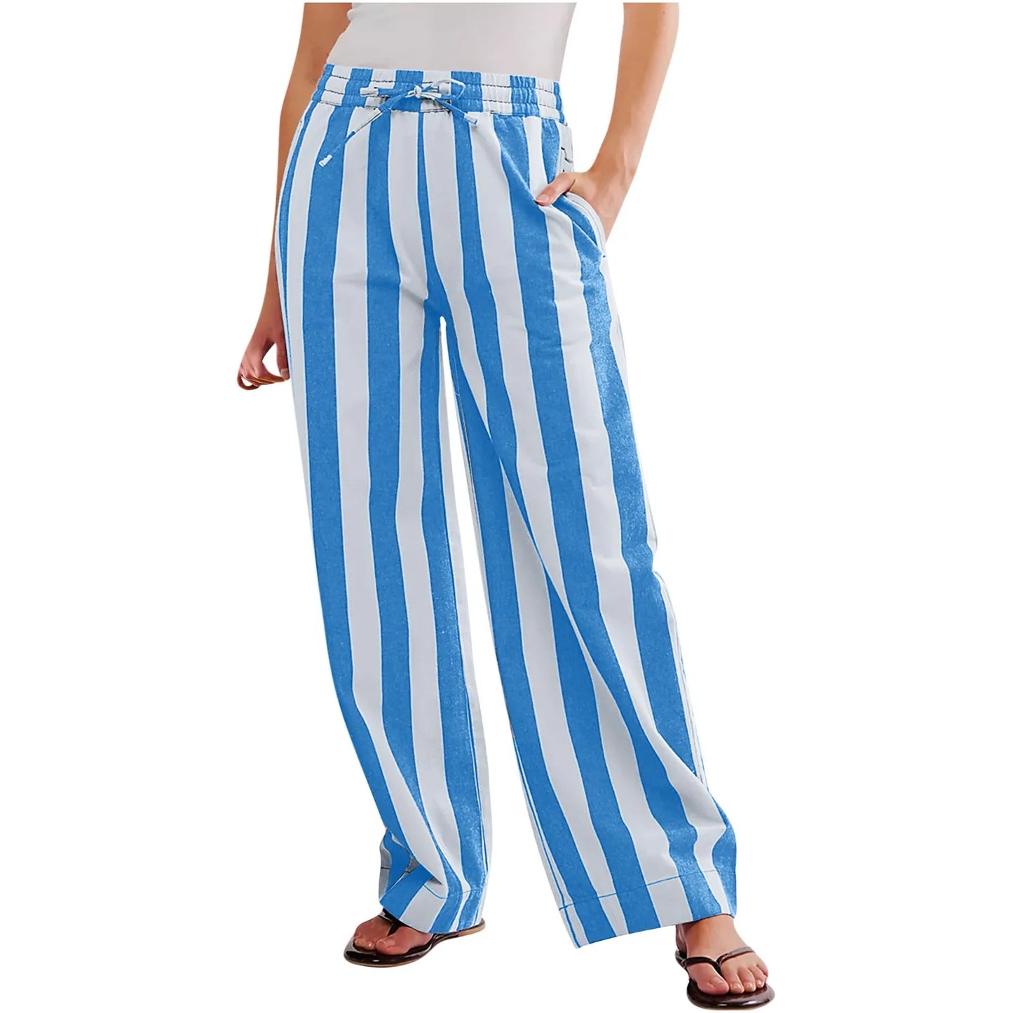Women Casual Baggy Trousers Striped Color Blocking High Waist Wide Leg Pants Pockets Summer Lightweight Palazzo Pajama Bottom
