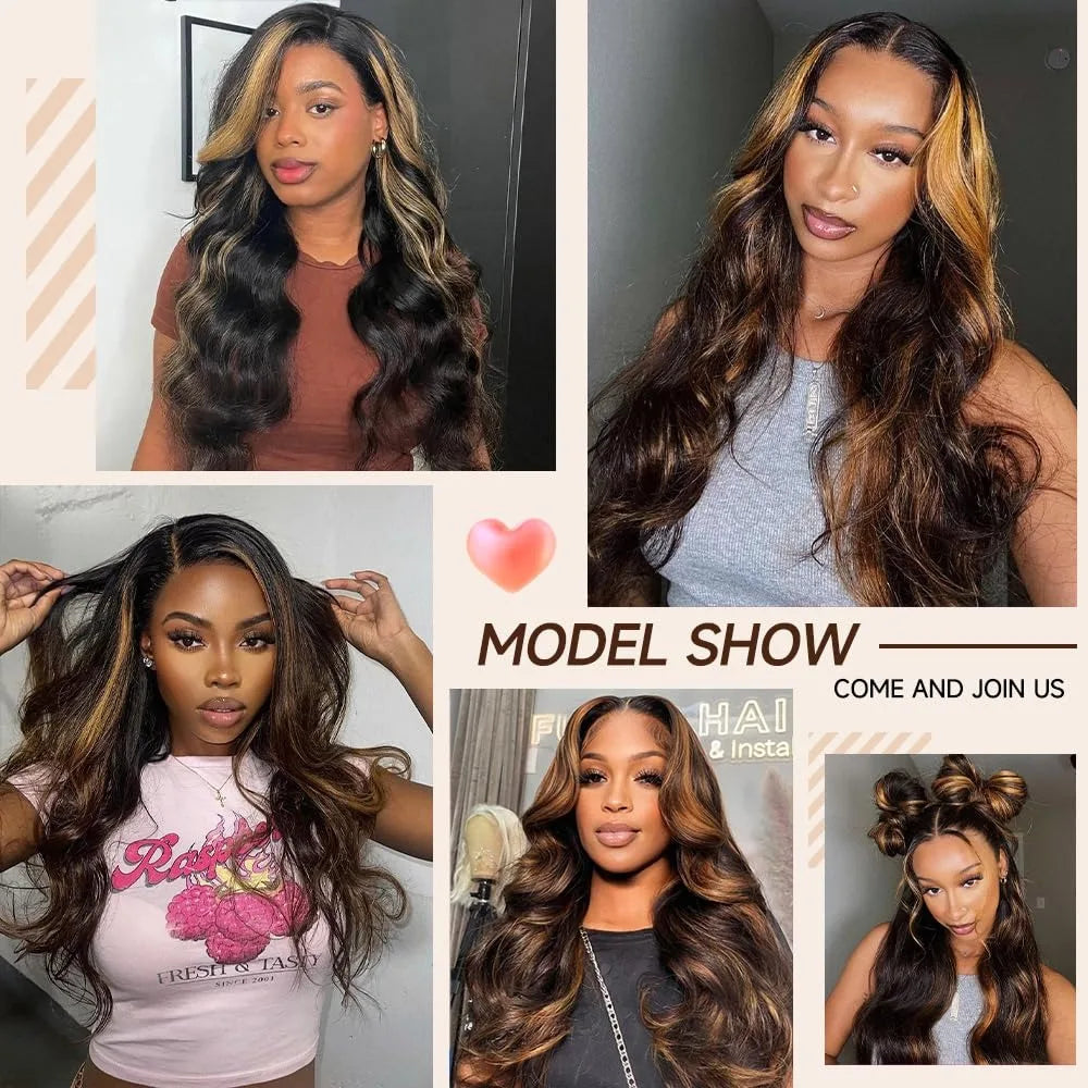 30 Inch Body Wave Ombre Lace Front Wig Human Hair PB/30 Colored Highlight 13x4 HD Lace Frontal Wig BalayageHuman Hair for Women