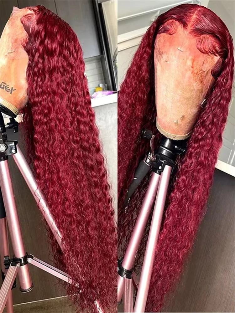 30 40 Inch 99J Burgundy Deep Wave 13x6 Hd Lace Frontal Human Hair Wig Red Colored 13x4 Transparent Lace Curly Frontal Wigs