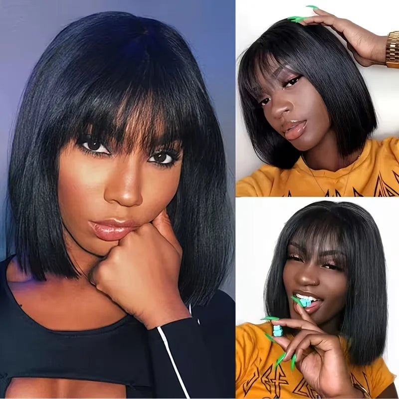 Straight Human Hair Bob Wigs With Bang Full Machine Made Wigs 3x1 Middle Part Lace Wig Brazilian Natural Color 16 Inch For Women