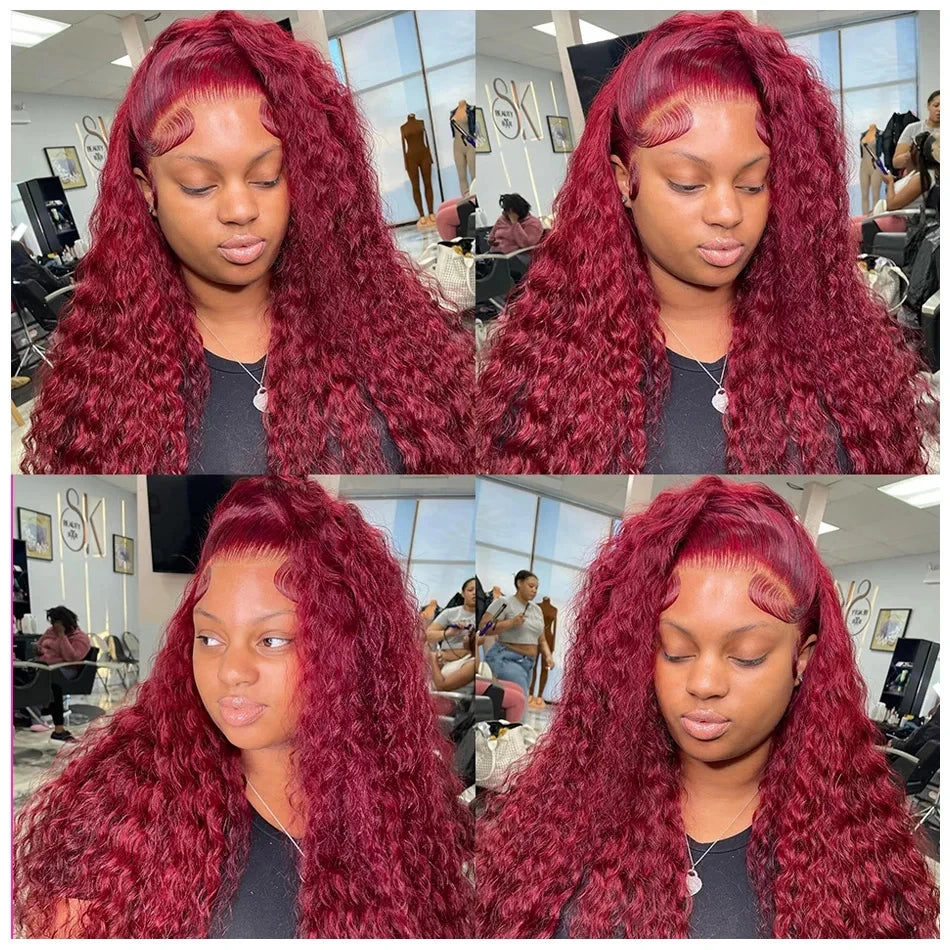 30 40 Inch 99J Burgundy Deep Wave 13x6 Hd Lace Frontal Human Hair Wig Red Colored 13x4 Transparent Lace Curly Frontal Wigs