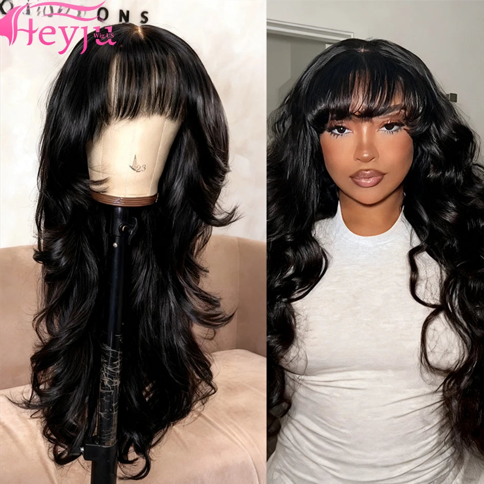 Middle Part Body Wave Human Hair Wig With Bangs for Black Women 3x1 Lace Wigs 230 Density Brazilian 30 36 Inch Wigs for Women