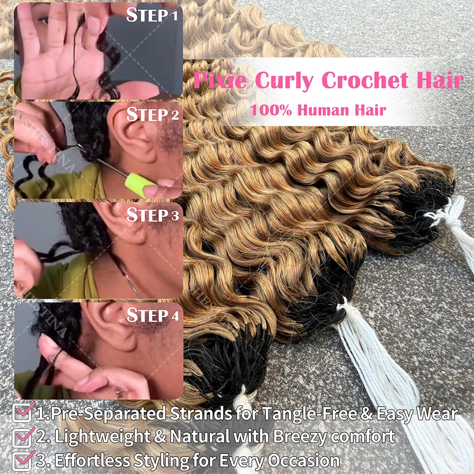 Honey Blonde Feather Crochet Human Hair Extensions Knotless Pre-Separated Pixie Curl Small Spirals Curly Crochet Hair for Boho