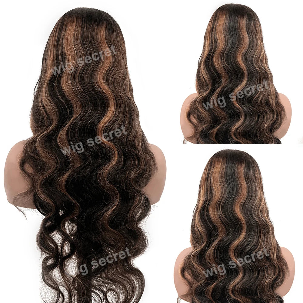 30 Inch Body Wave Ombre Lace Front Wig Human Hair PB/30 Colored Highlight 13x4 HD Lace Frontal Wig BalayageHuman Hair for Women