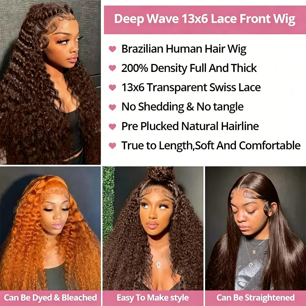 Chocolate Brown Deep Wave 13x6 Lace Front Wig Human Hair Curly #4 Colored Transparent 13x4 Lace Frontal Wig For Women Brazilian