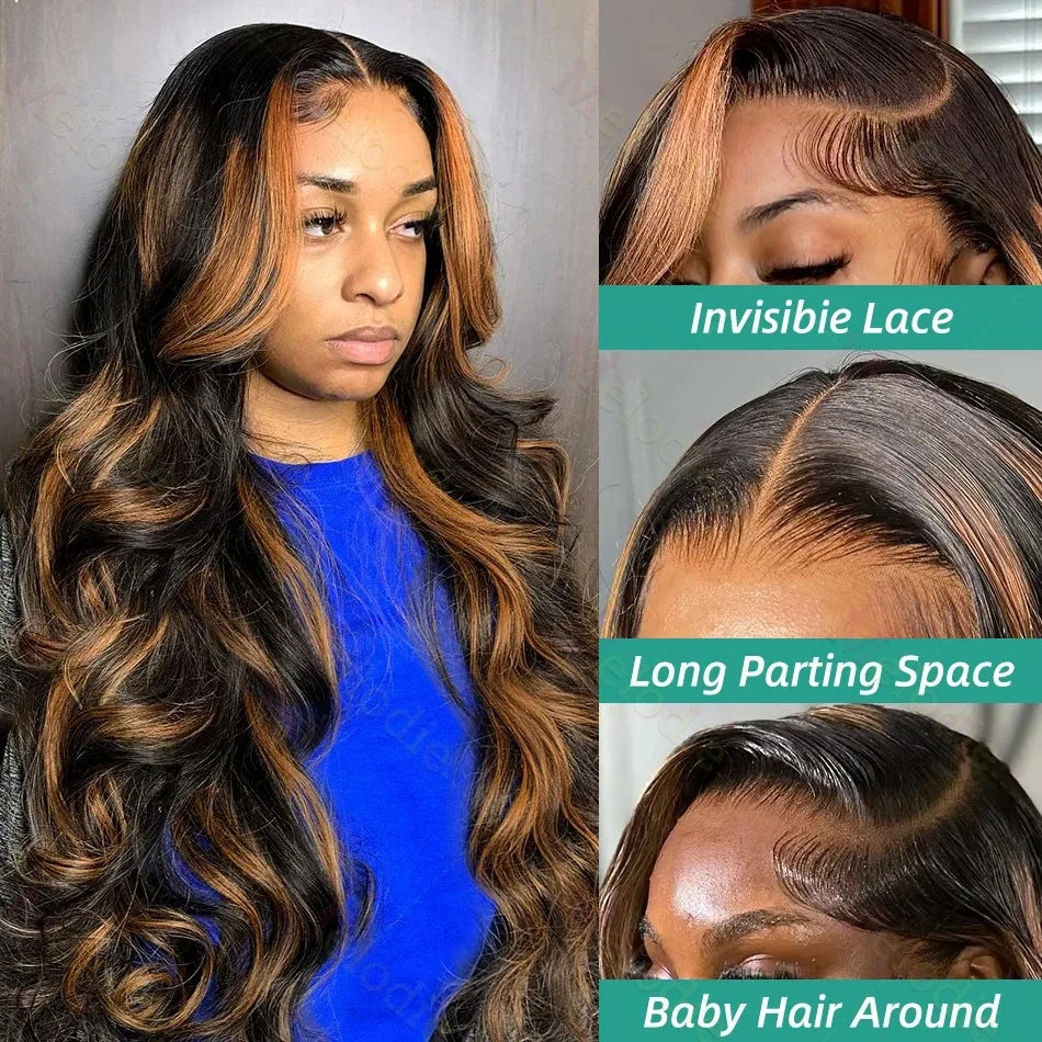 30 Inch Body Wave Ombre Lace Front Wig Human Hair PB/30 Colored Highlight 13x4 HD Lace Frontal Wig BalayageHuman Hair for Women