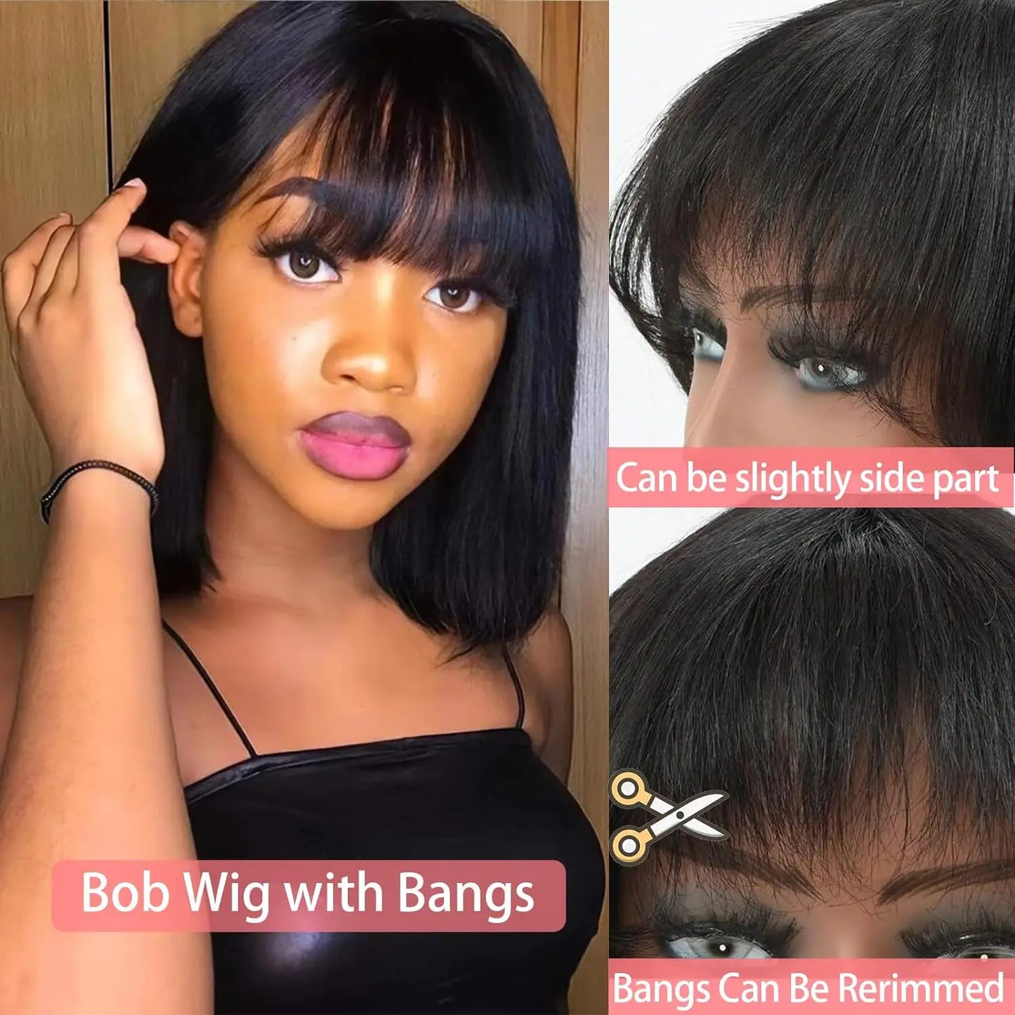 Straight Human Hair Bob Wigs With Bang Full Machine Made Wigs 3x1 Middle Part Lace Wig Brazilian Natural Color 16 Inch For Women