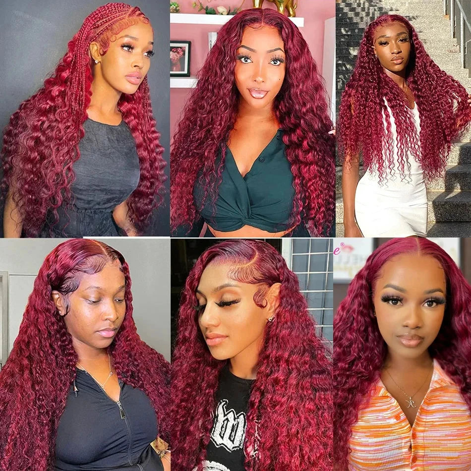 30 40 Inch 99J Burgundy Deep Wave 13x6 Hd Lace Frontal Human Hair Wig Red Colored 13x4 Transparent Lace Curly Frontal Wigs