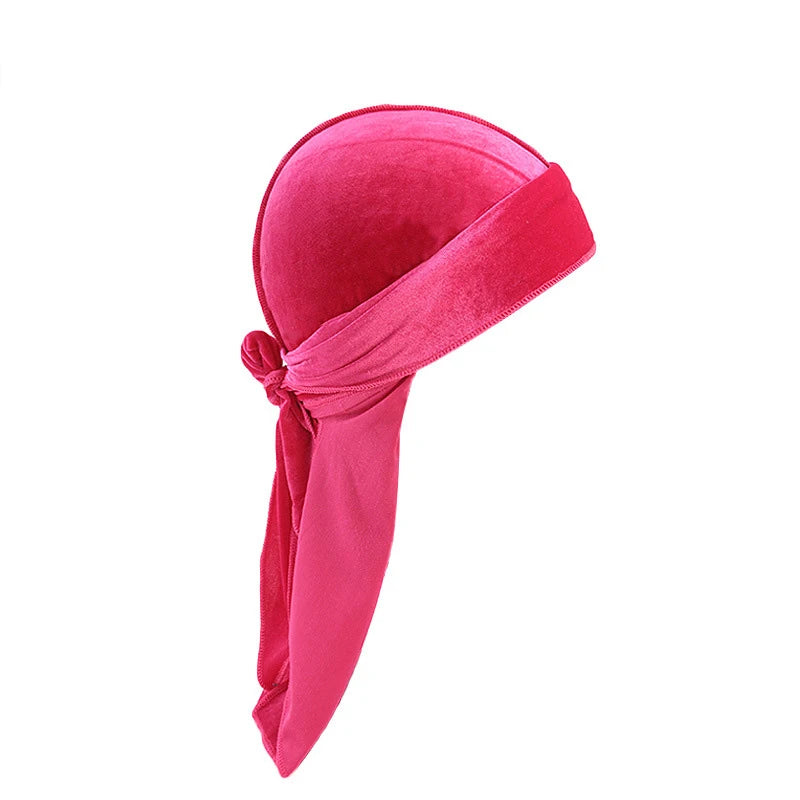 New Unisex Solid Color Soft Velvet Longtail Pirate Hat Breathable Bandana Durag Long Ribbon Cape Baotou Headband Du-Rag