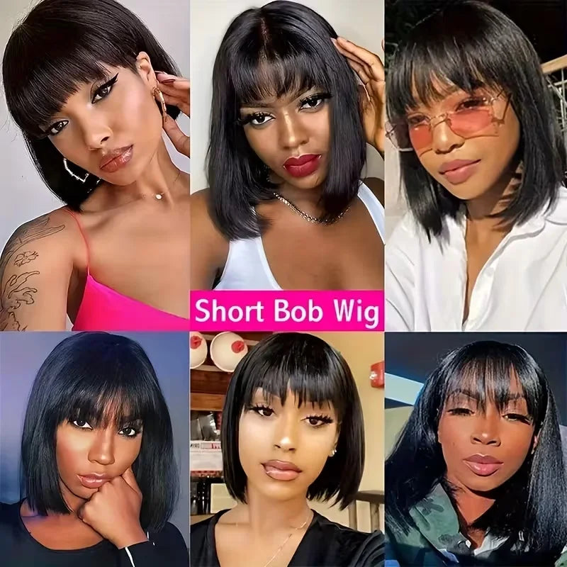 Straight Human Hair Bob Wigs With Bang Full Machine Made Wigs 3x1 Middle Part Lace Wig Brazilian Natural Color 16 Inch For Women
