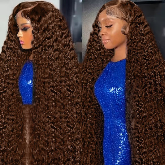 Chocolate Brown Deep Wave 13x6 Lace Front Wig Human Hair Curly #4 Colored Transparent 13x4 Lace Frontal Wig For Women Brazilian