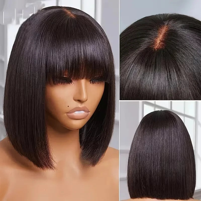 Straight Human Hair Bob Wigs With Bang Full Machine Made Wigs 3x1 Middle Part Lace Wig Brazilian Natural Color 16 Inch For Women