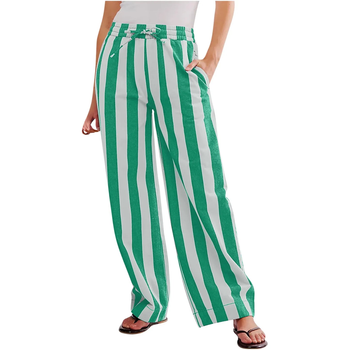 Women Casual Baggy Trousers Striped Color Blocking High Waist Wide Leg Pants Pockets Summer Lightweight Palazzo Pajama Bottom