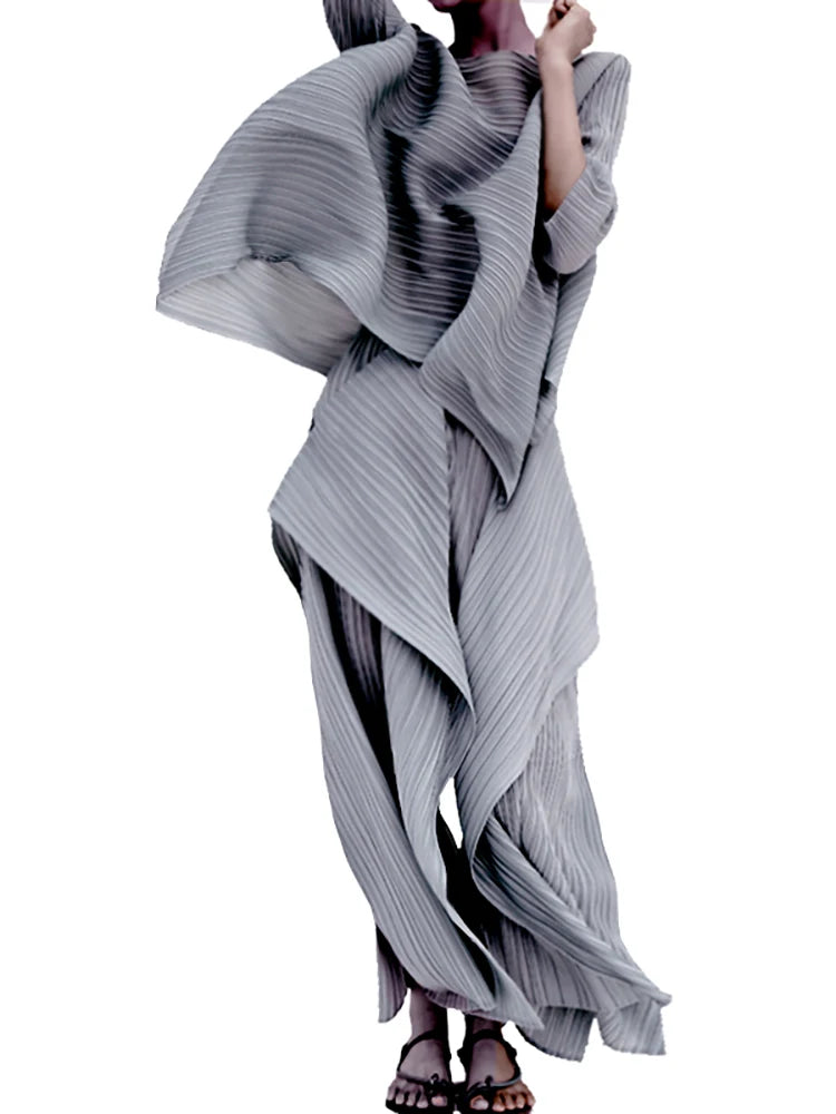 Miyake Pleated Women Two Piece Sets 2023 Summer Long Sleeve T-shirt Tops Ladies Loose Pants Original Designer Causal Clothes