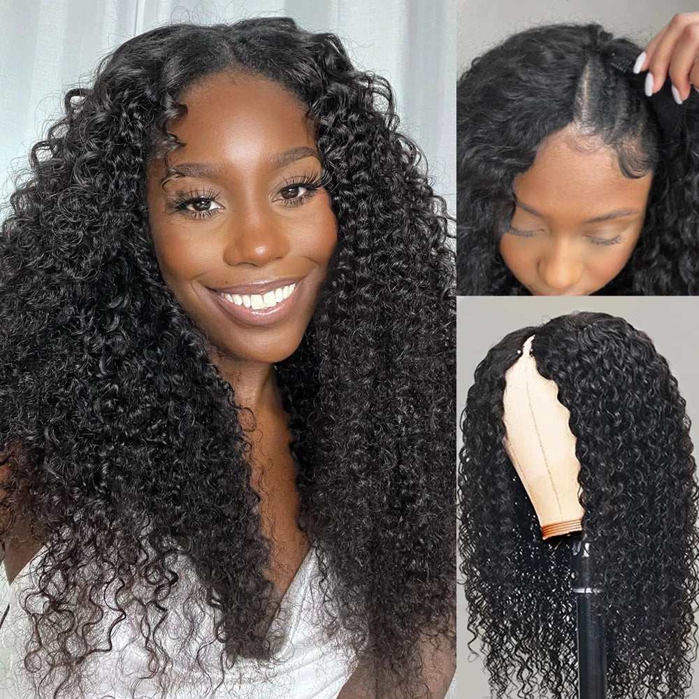 Kinky Curly V Part Wig Human Hair 250% Glueless V U Part Human Hair Wigs for Women Brazilian Remy Deep Wave Wig 30 32 34 Inch