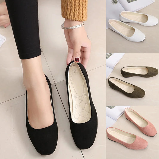 2025 Women Suede Square Flat Heel Shallow Female Shoes Spring Summer Square Toe Basic Concise Women Pumps Size 34-39